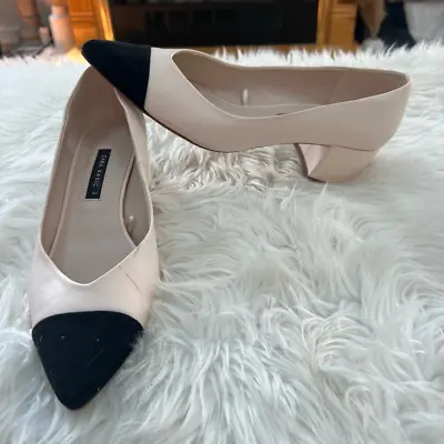 Zara Womens Classic Pump Heel Beige Color Block Cap Toe Slip On Mid Pointed 10 M • $29.99