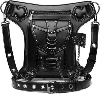 Steampunk Leather Gothic Waist Bag Fanny Pack With Chain Leg Strap Crossbody Sho • $53.09