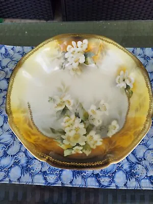 RS Prussia Bowl 10  Round Hand Painted Pastel Dogwood Blown Mold Gold 1905-1910 • $39