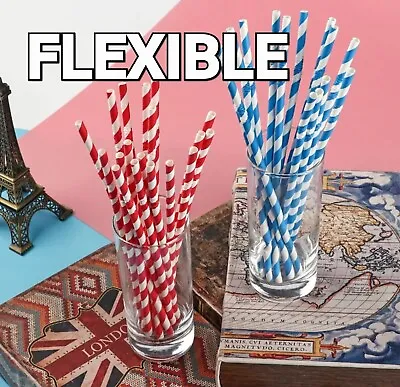 100x ECO BLUE WHITE STRIPE BENDY PAPER DRINKING STRAWS PARTY COCKTAIL DISPOSABLE • £3.99