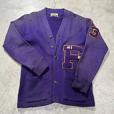 VINTAGE Campus Virgin Wool Varsity Letterman’s Knit Cardigan Sweater 53 P Purple • $50