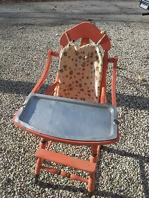 Turn Of The Century Antique Vintage Wooden Baby Feeding High Chair Metal Tray • $199.99