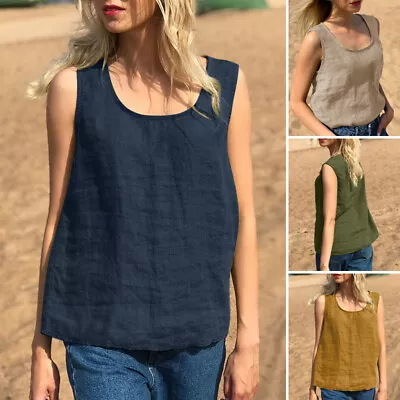 Women Linen Cotton Tank Vest Camisole Sleeveless Summer Casual Loose Shirt Tops • $22.41