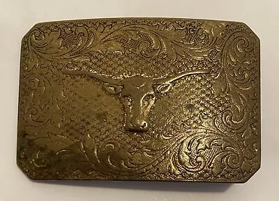 Vintage Longhorn Bull Brass Belt Buckle  Western Ranger Cowboy Ornate Scrolls • $2.77