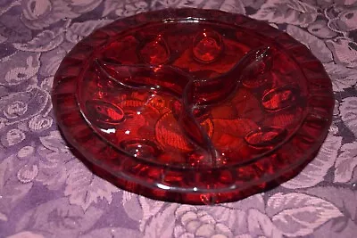 Ruby Red 3 Section Divided Relish Trinket Candy Dish Vintage Martinsville Viking • $18