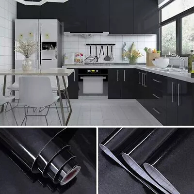 Shiny Black Wallpaper Decor Film For Countertop Cabinet Shelf Liner Waterproof • $35.61