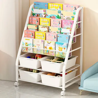 Metal Ladder Book Shelf Display Bookcase With 6/8 Toy Storage Box Organiser Rack • £69.95