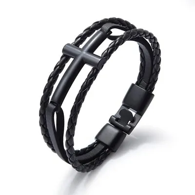 Men's Black Braided Leather Bangle Bracelet Stainless Steel Cross Cuff Wristband • $9.49