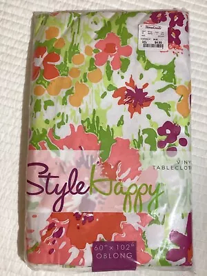 Style Happy  Spring Floral  Vinyl Flannel Back Oblong Tablecloth 60” X 102” • $19.99