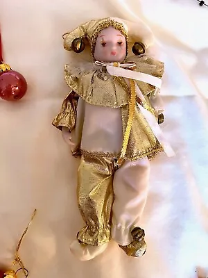 Vintage Court Jester Doll Christmas Ornament - White & Gold • $12
