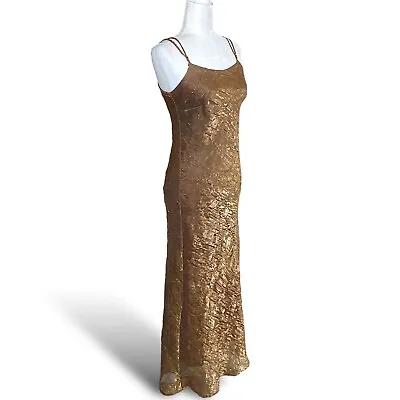 Vtg 90s Trio New York Metallic Gold Bronze Crinkle Maxi Slip Dress Gown Sz 6 • $39.99