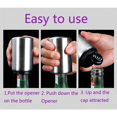 Automatic Magnetic Bottle Cap Opener Remove Stainless Down Opener Steel Push New • £5.99
