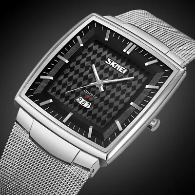 Men Business Quartz Square Face Watch Stainless Steel Mesh Strap Analog Watch • £16.79