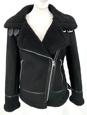 Zara Woman’s XS/S Side Zip Faux Suede Sherpa Lining Moto Jacket Black Pockets • $43.56