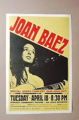 Joan Baez Concert Tour Poster 1967 Berkeley-- • $4.50