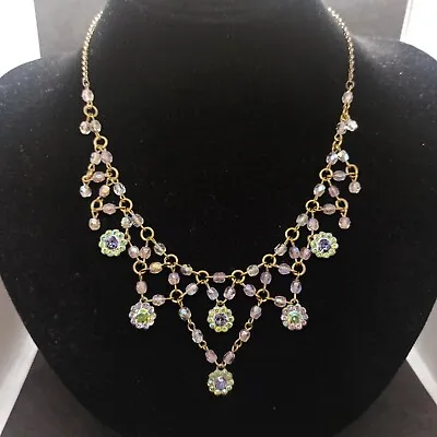 Michal Negrin Necklace Purple Bib Chandelier Flower Aurora Crystals Vintage Gift • $78.40
