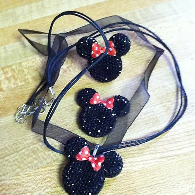 Black Chunky Rhinestone Charm Minnie Mouse Red Bow Necklace And Ring Set • $19.99