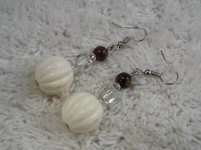 Silvertone Cream Crystal Tiger's Eye Stone Bead Pierced Earrings (F24) • $3.04