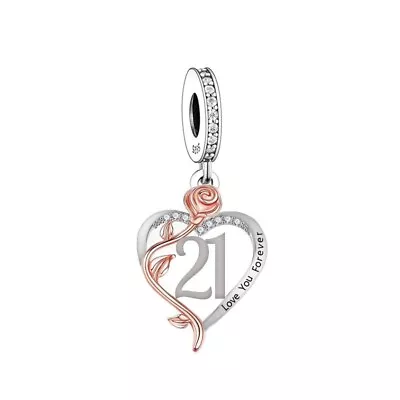 💖 21st Birthday Charm Rose Heart CZ Genuine 925 Sterling Silver  Bead • £14.34