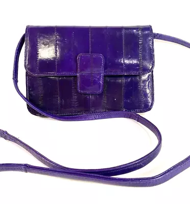 Vintage Purple Eel Skin Crossbody Purse Suede Lining Mirror Made In Korea 6.5x5  • $14.95