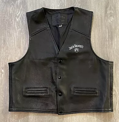 Jack Daniels Leather Vest Mens XL Black Snap Front Motorcycle Biker Bikercore • $89.95