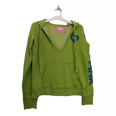 Pink - Victoria's Secret Deep V-Neck Lime Green Hoodie Dog Love Pink Size Medium • $9.89