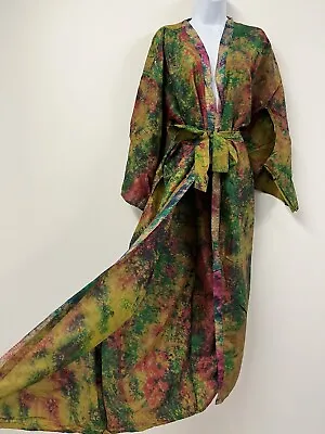 SILK Kimono Gown Robe Long Vintage Boho Maxi Indian One Size Xmas Dressing Green • $60.42