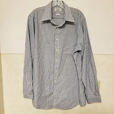 Vintage 80s 90s Striped Shirt Blue Ticking Chambray Fitted Men's 17 35/36 Tall • $15.99