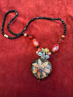 HandBlown Art Glass Heart Pendant Murano-Style Necklace Floral OrangeCrystal 16” • $15