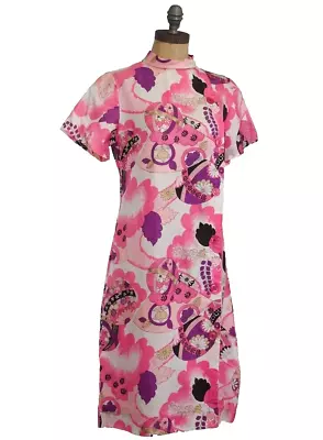 VTG Paper Lantern Dress Vintage 1960s Pink Purple Chinese Japanese Mod M • $95