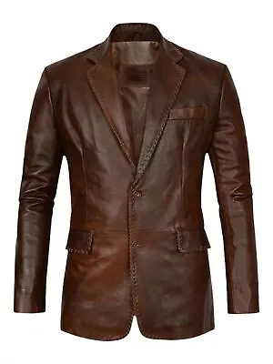 Leather Blazer Mens Real Lambskin Distressed Brown Leather Medieval Wedding Coat • $109