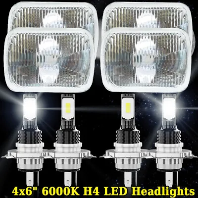 2 PAIR 4x6 SEMI SEALED CLEAR H4 CONVERSION HEADLIGHT+H4 LED WHITE BULBS HL04LF • $135.99