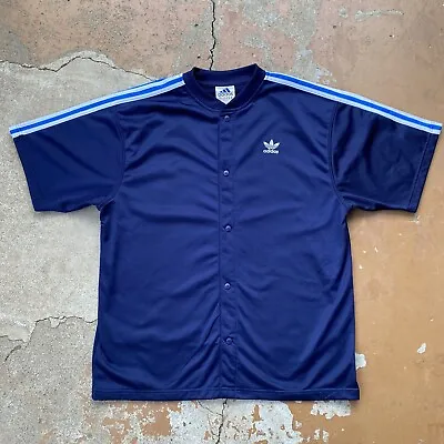 VTG 90s Adidas Trefoil 3-Striped Polyester Jersey Shirt Men's Size XL Blue • $14.99