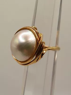 14K YELLOW GOLD RING W 15.7mm MOBE/MABE PEARL - LOVELY SCROLL WORK - SIZE 7.25* • $421.95