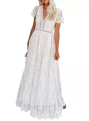 BLENCOT Womens Casual Floral Lace Deep V Neck Short Sleeve Long Evening Dress • $7.99