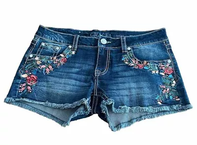 Grace In LA Jean Shorts Size 30 Embroidered Floral Denim Cut Off Raw Hem Shorts • £43.43