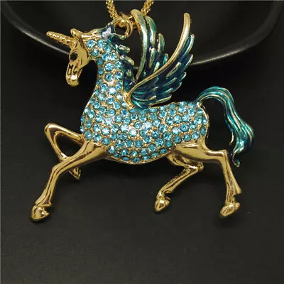 Fashion Women Blue Enamel Cute Pegasus Unicorn Crystal Pendant Necklace • $3.95