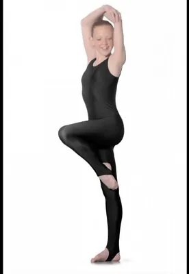 Girls Black Sleeveless Stirrup Catsuit L108 Dance Gym Jazz Roch Valley Age 3-4 • £9.95