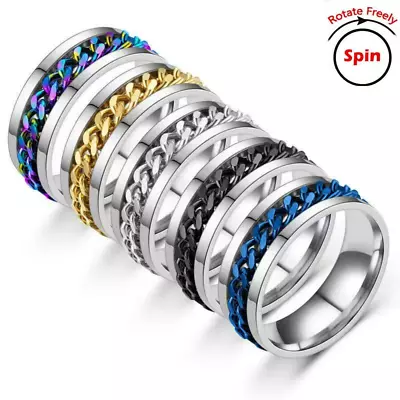 Titanium Stainless Steel 8mm Spinner Ring Curb Chain Men Women Rings Size 6-13 • $7.75