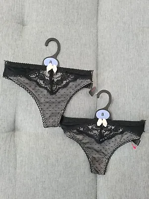 2 X Mark Spencer Black Lace Nude Polka Dots Thongs Strings Underwear Size 8 • £10