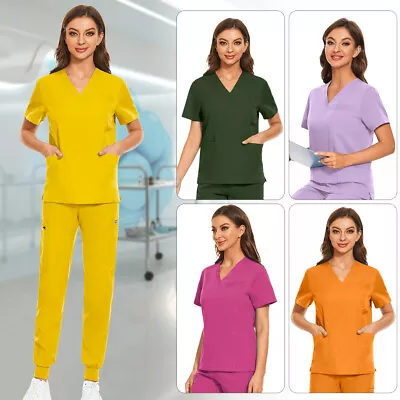 Unisex Stretch Nurse Uniform Scrub Set Men Women V-Neck Tops Yoga Jogger Pants • $25.99