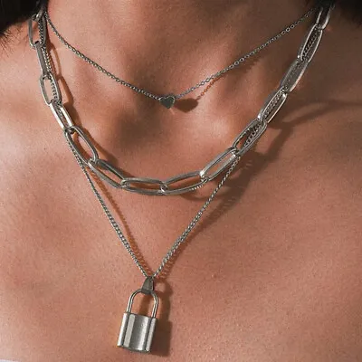 $3.98 • Buy Multi Layer Lover Lock Pendant Choker Necklace Steampunk Padlock Heart Jewelry.