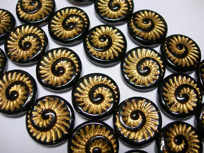 6 - 18mm Black Gold Fossil Snail Shell Spiral Czech Glass Coin Beads • $5