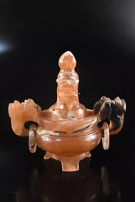 F714: Japanese Stone Jade/jewels Lion Sculpture INCENSE BURNER Buddhist Art • £36.15