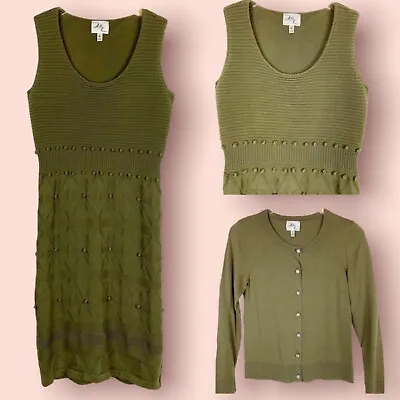 Milly Bahia Jacquard Olive Green Knit Dress & Matching Cardigan Size Small - O15 • £48.19