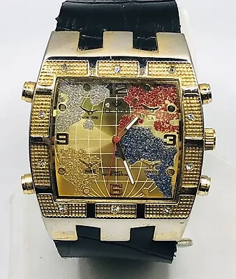 ICE STAR Fashion Quartz World Map Gold Tone Watch Genuine Leather Band • $69.99