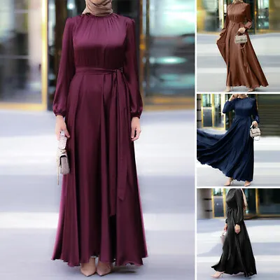 Women's Silky Satin Muslim Islamic Kaftan Puff Sleeve Party Gown Long Maxi Dress • $25.99