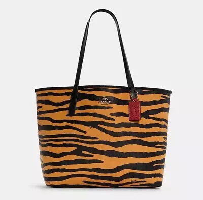 NWT Coach Women’s City Tote Bag In Leather With Tiger Print Honey Yellow/Black • £180.66