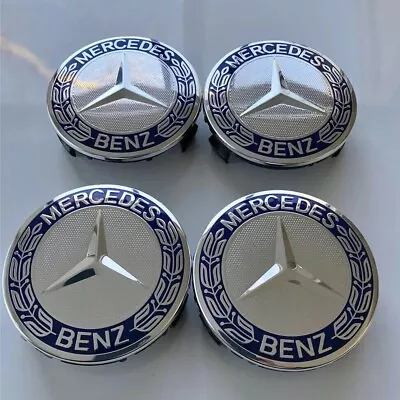 SET OF 4 Mercedes-Benz 75MM Classic Dark Blue Wheel Center Hub Caps AMG Wreath • $85.69