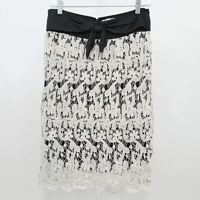 Lil Midi Pencil Skirt 6 Black Ivory Lace Overlay Bow Openwork VinesAnthropologie • $27.92